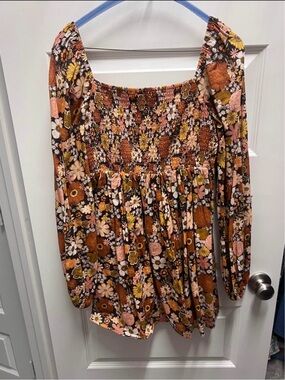 Pink Lily Floral Smocked Long-Sleeve Peasant Top - Brown Multi
